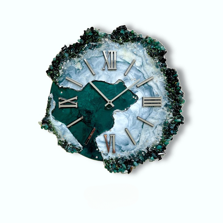 Clock Green and Gold Geode Art Modern Minimalistic Aesthetic Home Decor Resin Art Wall Clock