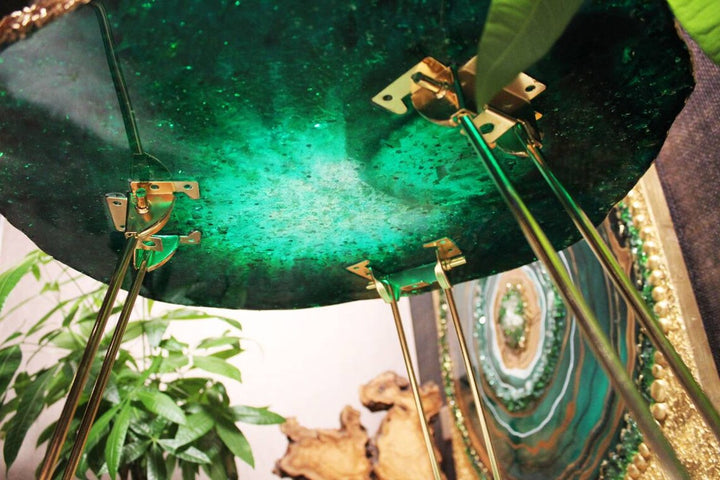 Epoxy resin Green emerald table, resin geode coffee table , irregular round live edge table, decorative bedside table , unique crystal table