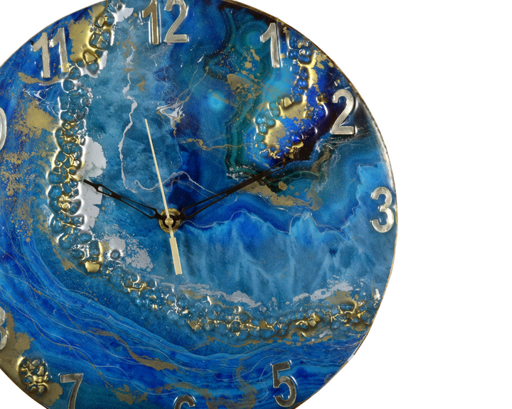 Designer Epoxy Wanduhr für Bürodekor, Römische Zahlen Wanduhr, Resin Wanduhr, Blau, Ohne Glas, 16 Zoll, Handgemachte Resin Uhr