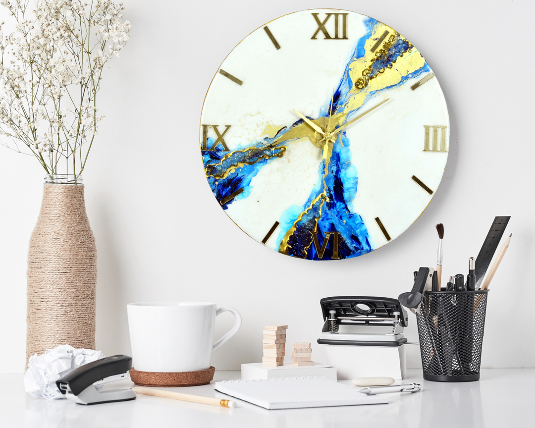 Resin Hand Work Wall Clock ,Handmade Resin wall clock for home decor,Sky Blue, Without Glass,Designer Epoxy wall clock for office decor