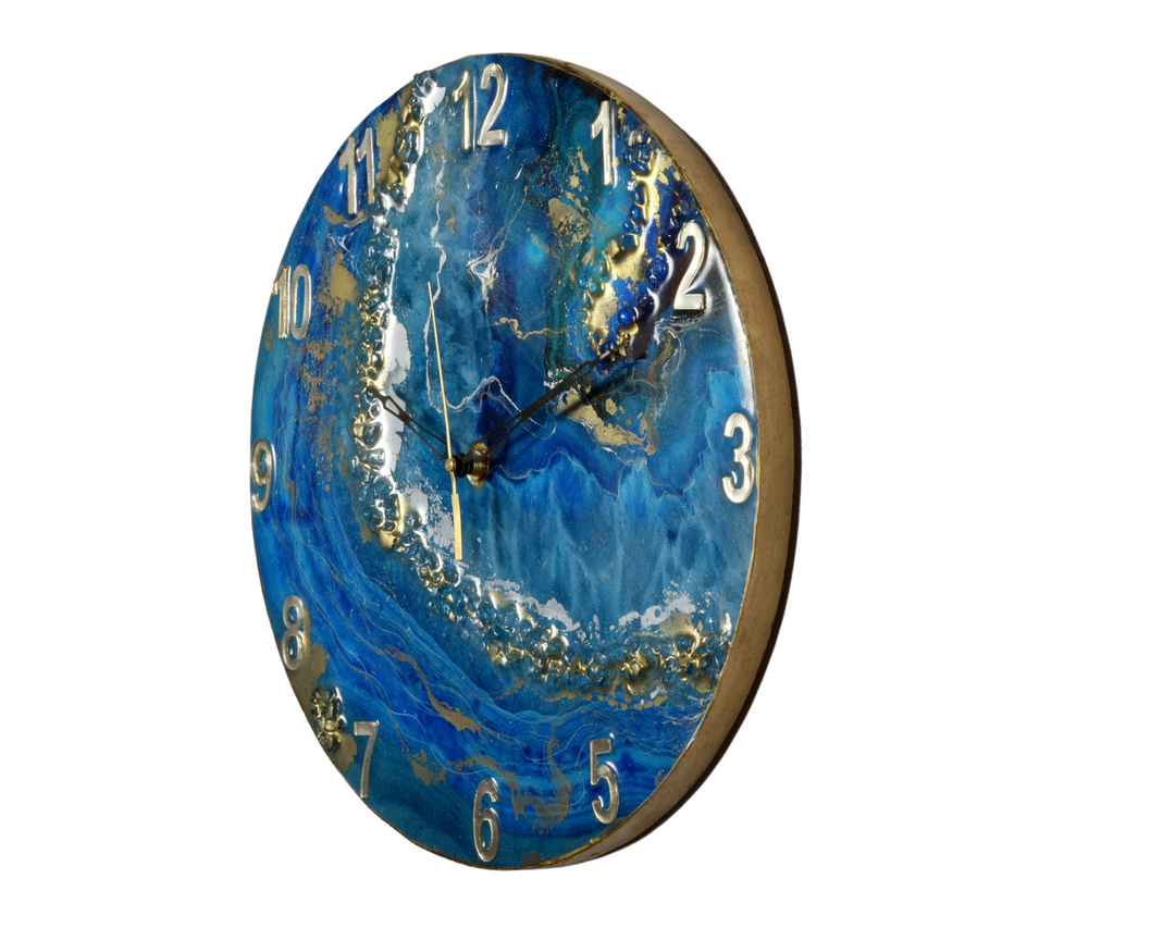 Designer Epoxy Wanduhr für Bürodekor, Römische Zahlen Wanduhr, Resin Wanduhr, Blau, Ohne Glas, 16 Zoll, Handgemachte Resin Uhr