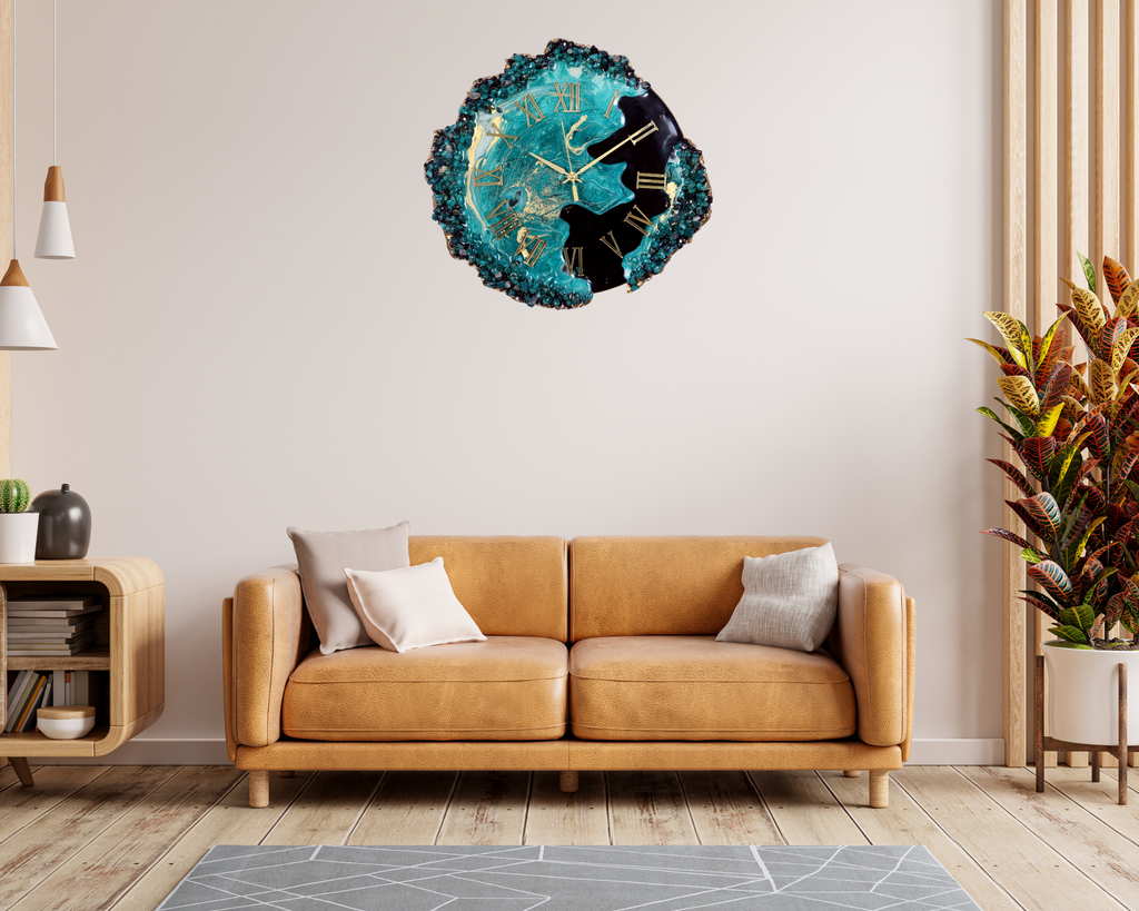 Handmade Resin wall clock with Silver coated glittered crystals and small pieces of Glass High popular Quality Glorious Piece