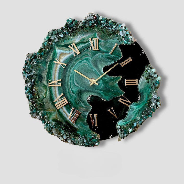 Handmade Epoxy Resin wall clock with Green & Black coated glittered crystals and small pieces of Glass High Quality Glorious Piece