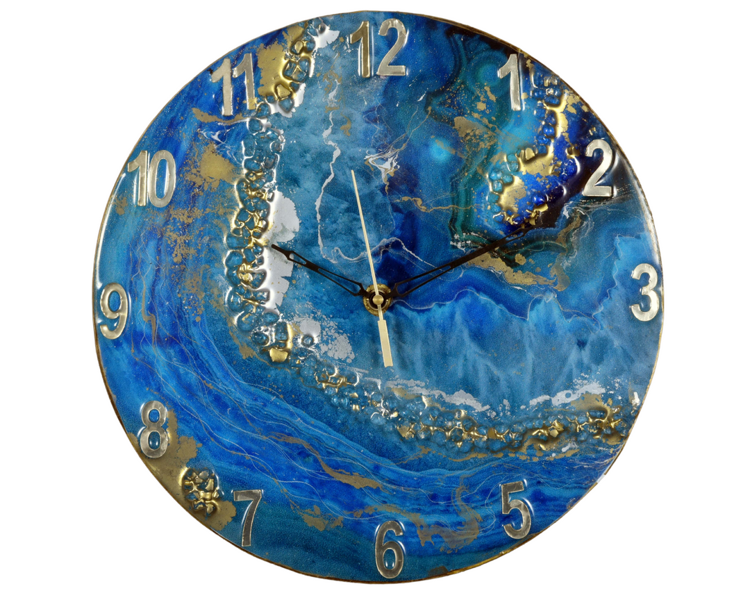 Designer Epoxy Wanduhr für Bürodekor, Römische Zahlen Wanduhr, Resin Wanduhr, Blau, Ohne Glas, 16 Zoll, Handgemachte Resin Uhr