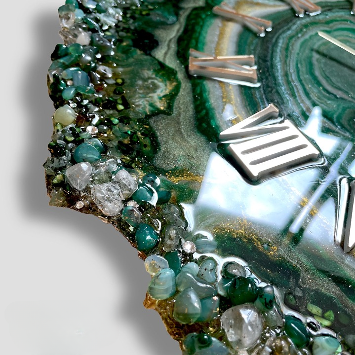 Handmade Epoxy Resin wall clock with Green & Black coated glittered crystals and small pieces of Glass High Quality Glorious Piece