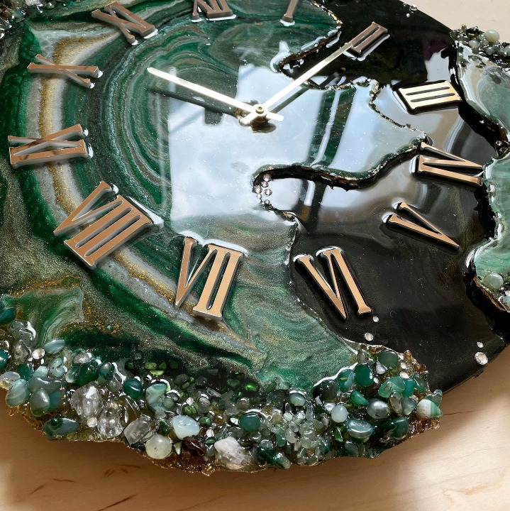 Handmade Epoxy Resin wall clock with Green & Black coated glittered crystals and small pieces of Glass High Quality Glorious Piece