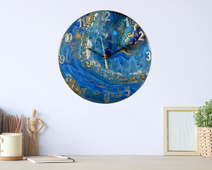 Designer Epoxy Wanduhr für Bürodekor, Römische Zahlen Wanduhr, Resin Wanduhr, Blau, Ohne Glas, 16 Zoll, Handgemachte Resin Uhr