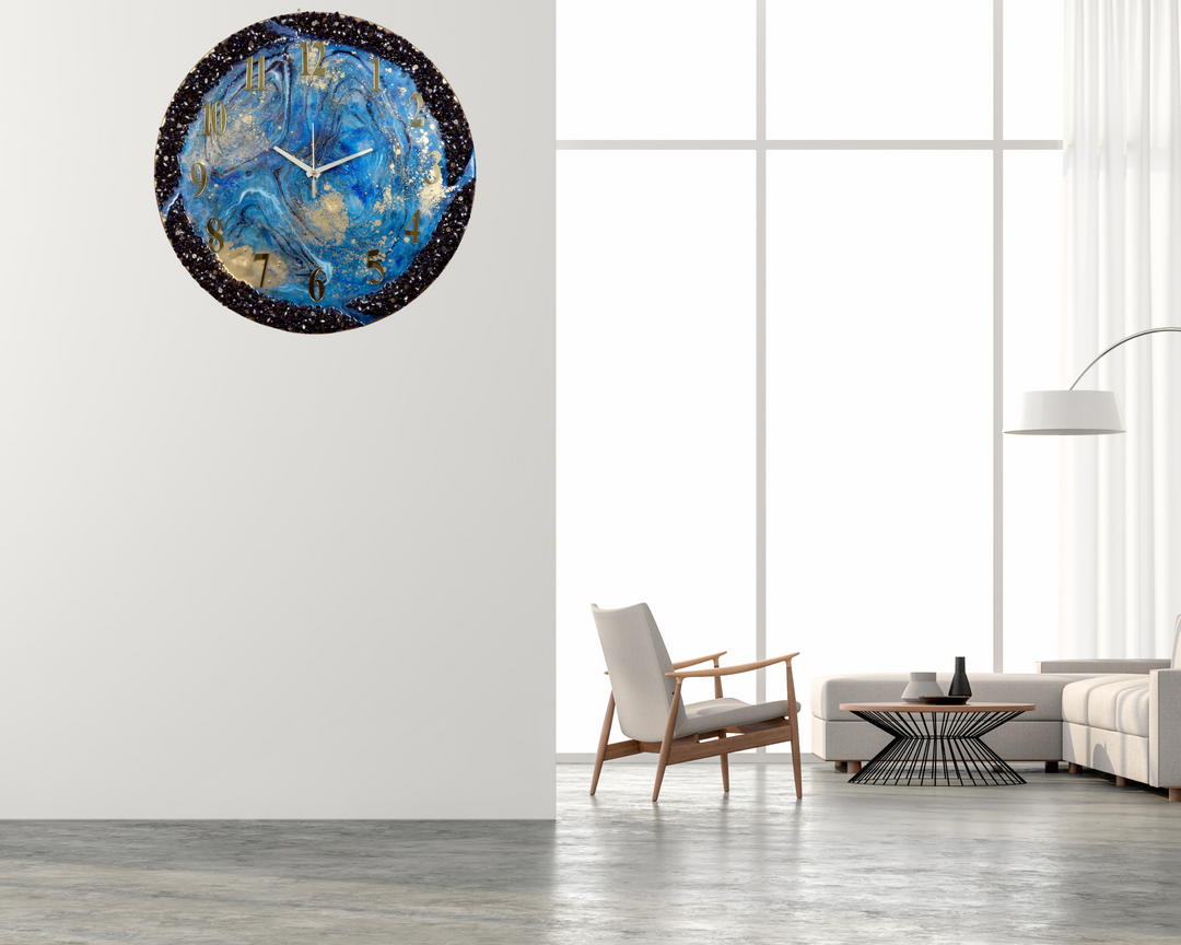 Epoxy Resin Handmade wall clock with Blue coated glittered crystals and small pieces of Glass High Quality Glorious Piece