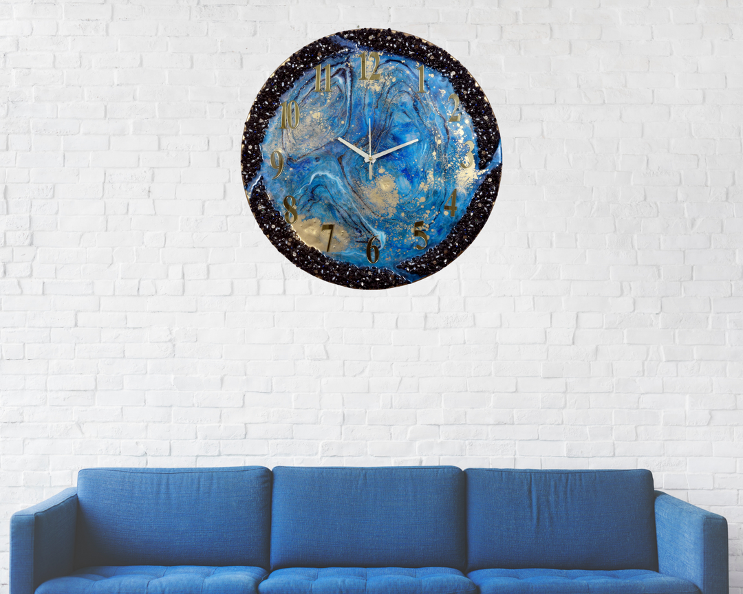 Epoxy Resin Handmade wall clock with Blue coated glittered crystals and small pieces of Glass High Quality Glorious Piece