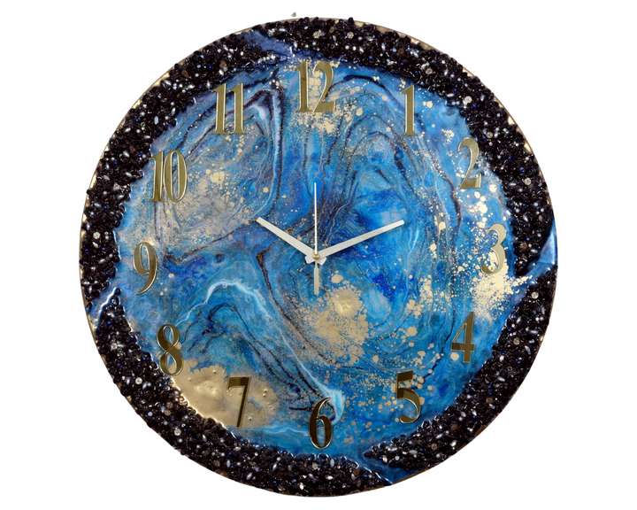 Epoxy Resin Handmade wall clock with Blue coated glittered crystals and small pieces of Glass High Quality Glorious Piece