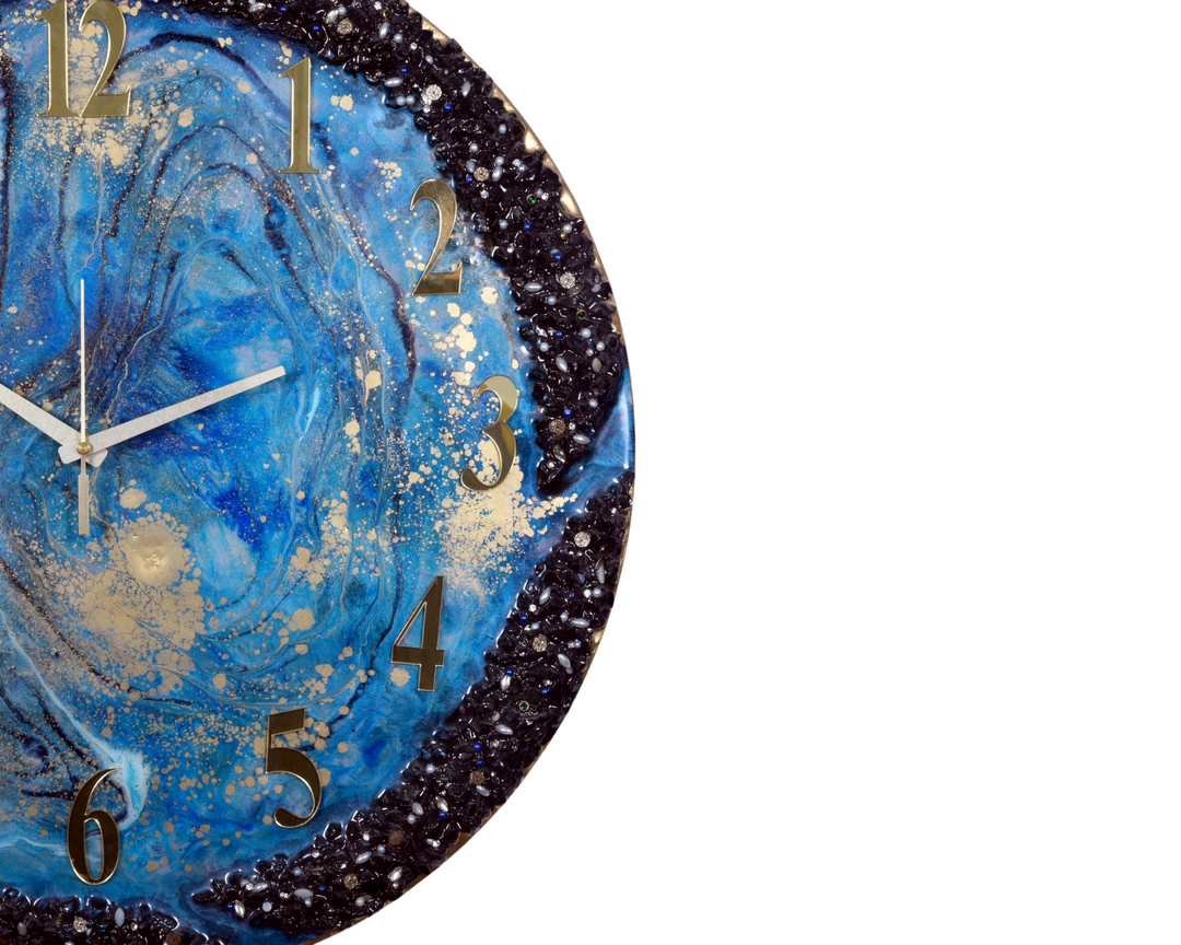 Epoxy Resin Handmade wall clock with Blue coated glittered crystals and small pieces of Glass High Quality Glorious Piece