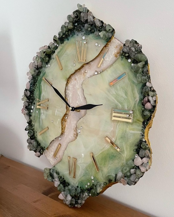 Clock Green and Gold Geode Art Modern Minimalistic Aesthetic Home Decor Resin Art Wall Clock