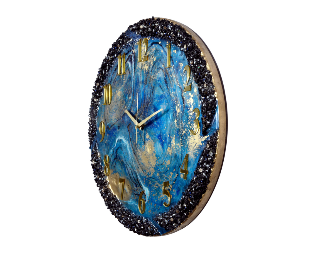 Epoxy Resin Handmade wall clock with Blue coated glittered crystals and small pieces of Glass High Quality Glorious Piece