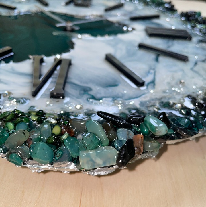 Clock Green and Gold Geode Art Modern Minimalistic Aesthetic Home Decor Resin Art Wall Clock