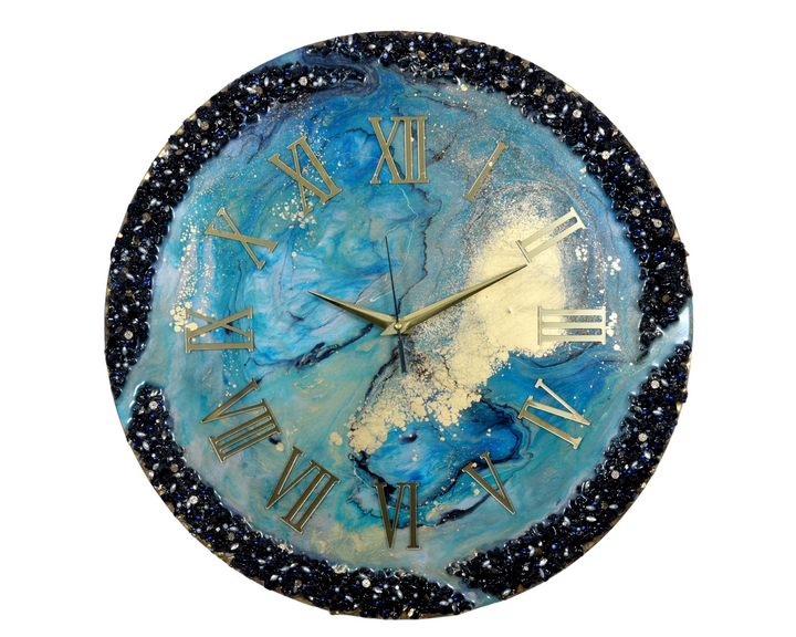 Resin clock Handmade Epoxy Resin wall clock with Green & Blue coated glittered crystals and small pieces of Glass High Quality Glorious Piece