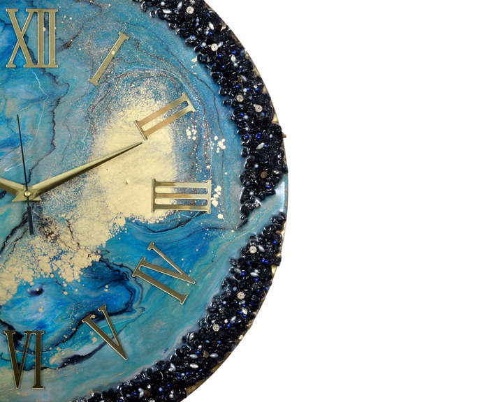 Resin clock Handmade Epoxy Resin wall clock with Green & Blue coated glittered crystals and small pieces of Glass High Quality Glorious Piece