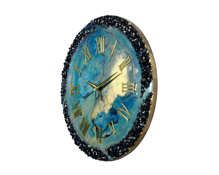 Resin clock Handmade Epoxy Resin wall clock with Green & Blue coated glittered crystals and small pieces of Glass High Quality Glorious Piece