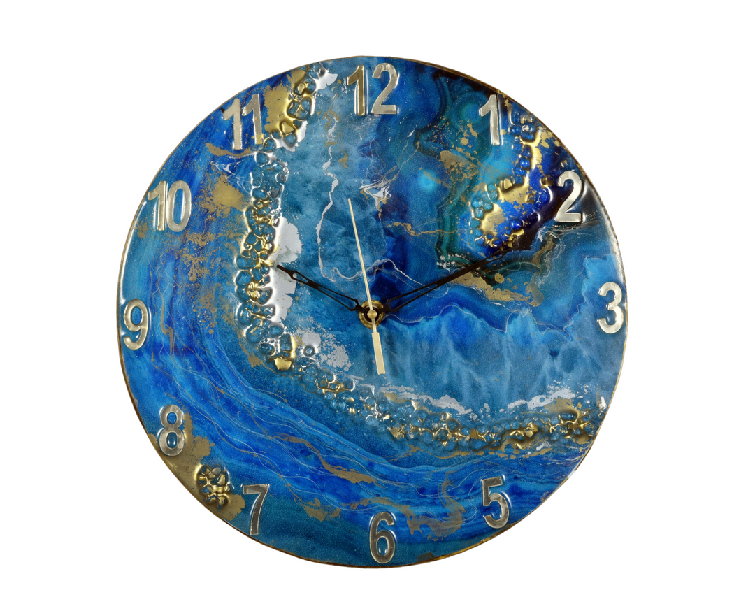 Designer Epoxy Wanduhr für Bürodekor, Römische Zahlen Wanduhr, Resin Wanduhr, Blau, Ohne Glas, 16 Zoll, Handgemachte Resin Uhr