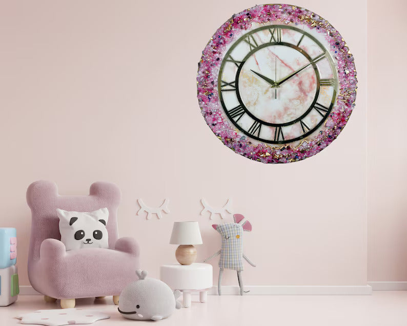 Pink Crystal Abstract Epoxy Resin Wall Clock for Home Décor