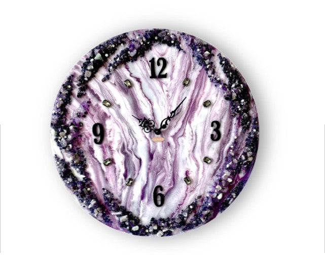 Handmade Resin wall clock with Purple coated glittered crystals and small pieces of Glass High Quality Glorious Piece