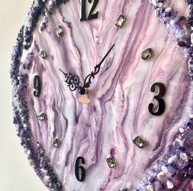 Handmade Resin wall clock with Purple coated glittered crystals and small pieces of Glass High Quality Glorious Piece