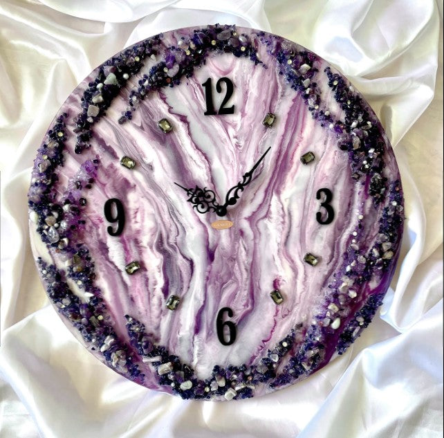 Handmade Resin wall clock with Purple coated glittered crystals and small pieces of Glass High Quality Glorious Piece