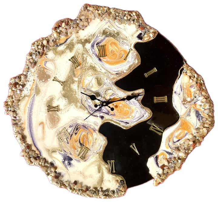 Epoxy Resin Handmade wall clock with Golden coated glittered crystals and small pieces of Glass High Quality Glorious Piece