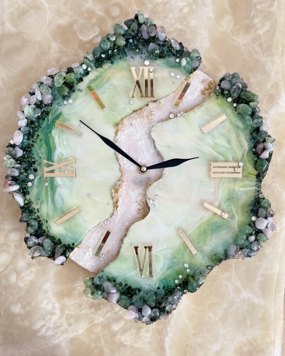 Clock Green and Gold Geode Art Modern Minimalistic Aesthetic Home Decor Resin Art Wall Clock