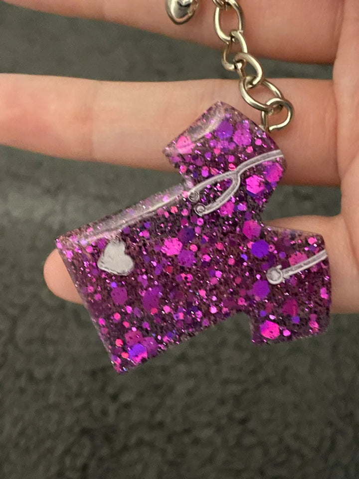 Scrubs Shirt Handmade Epoxy Resin Keyring, Purple Chunky Glitter