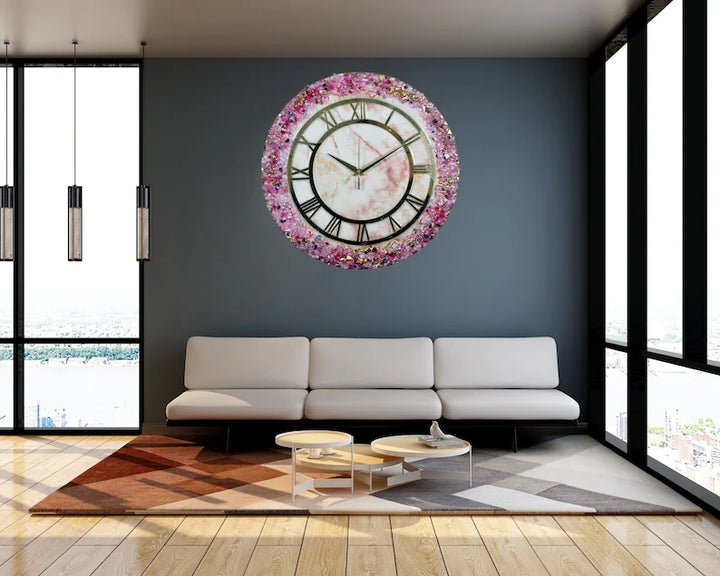 Pink Crystal Abstract Epoxy Resin Wall Clock for Home Décor