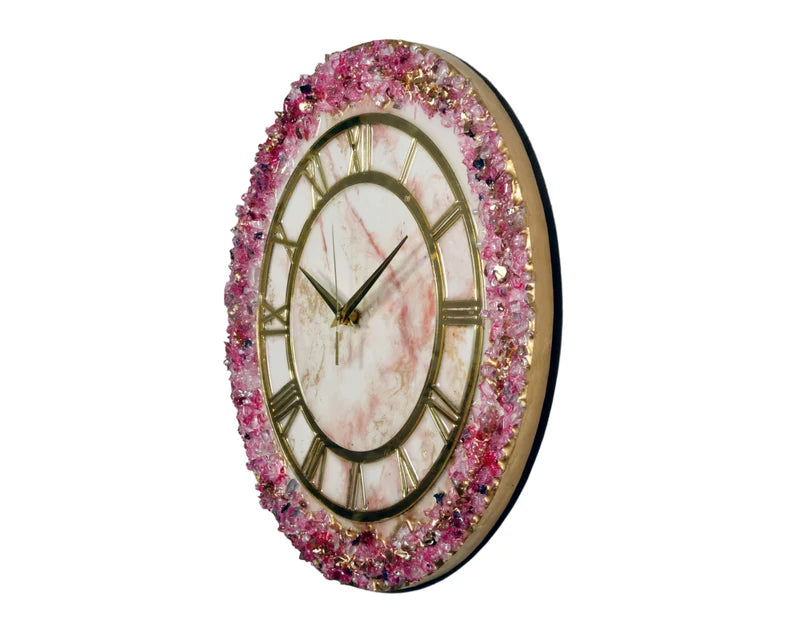 Pink Crystal Abstract Epoxy Resin Wall Clock for Home Décor