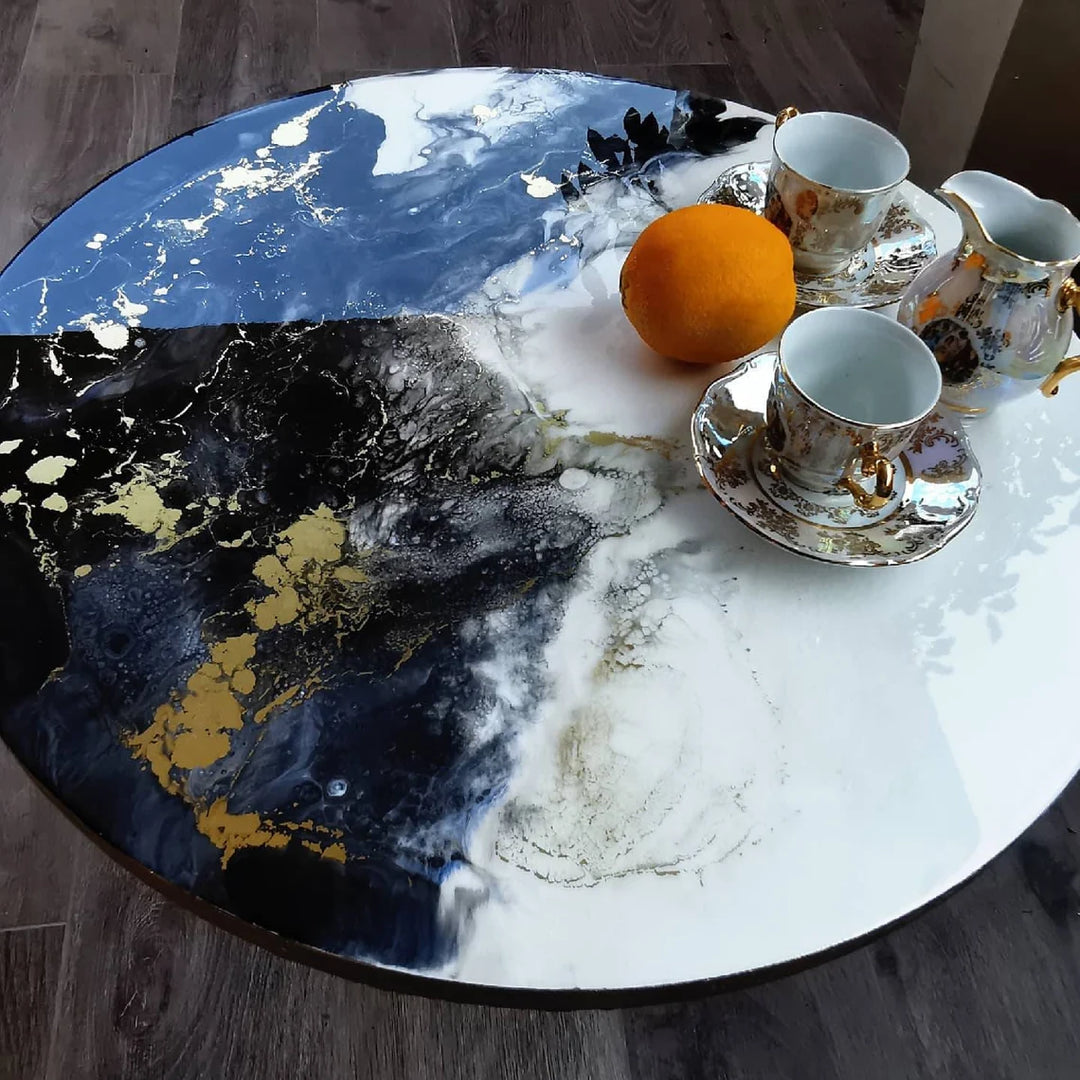 Epoxy marble coffee table, white and black round resin table, luxury coffee table, epoxy table with marble effect, high end table.