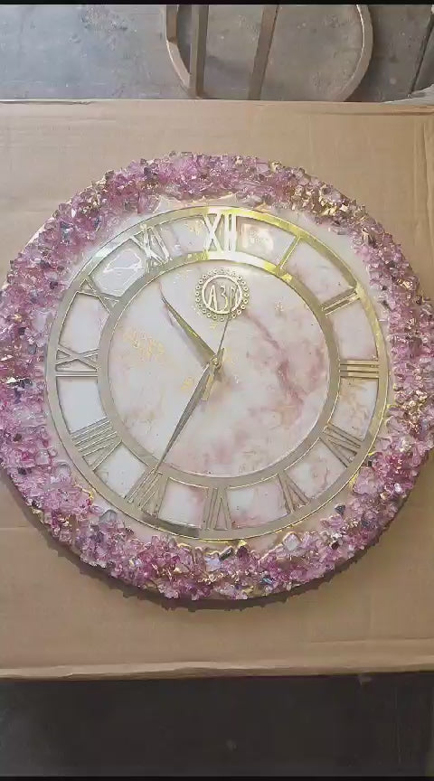 Pink Crystal Abstract Epoxy Resin Wall Clock for Home Décor